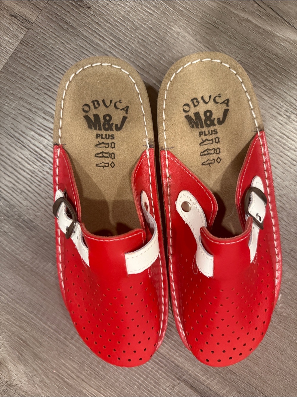 Red Leather Perforated Slip-On Clog with White Strap